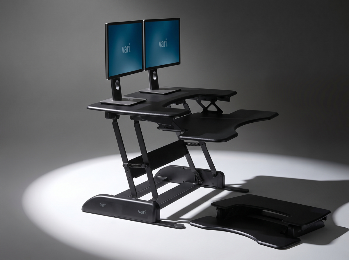 Two tiers keep your screen at eye level and your shoulders down.
