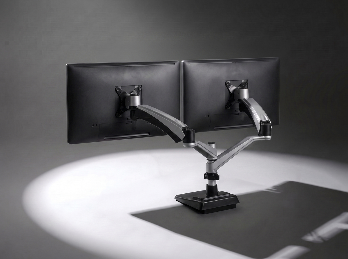One clamp carries both screens and clears the footprint two stands used to take.